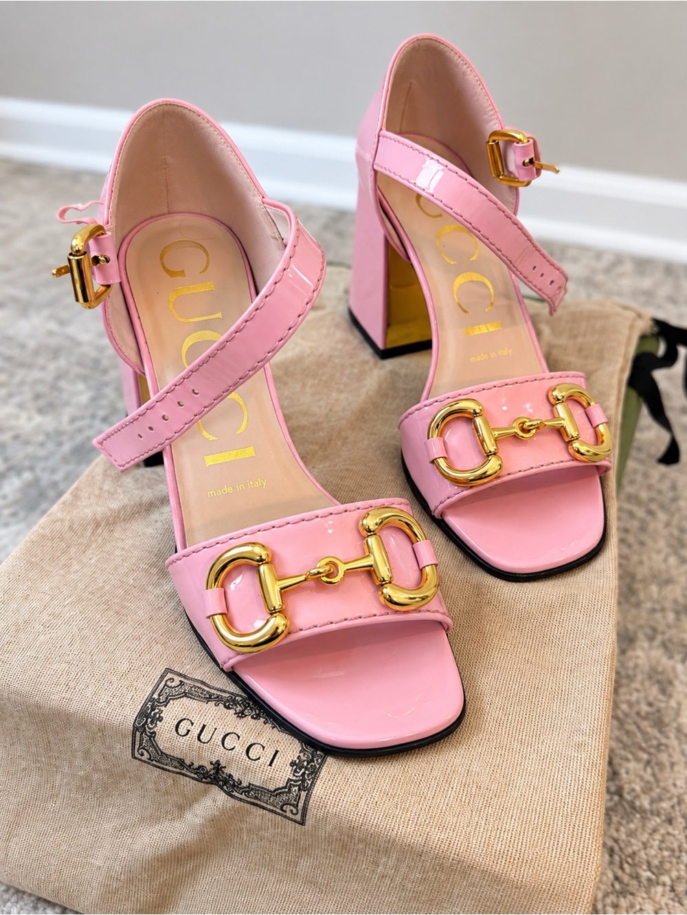 Gucci Pink Patent Horsebit Block Heel Sandals